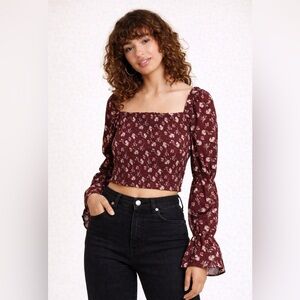 Floral Crop Top Flowy Long Sleeve Blouse